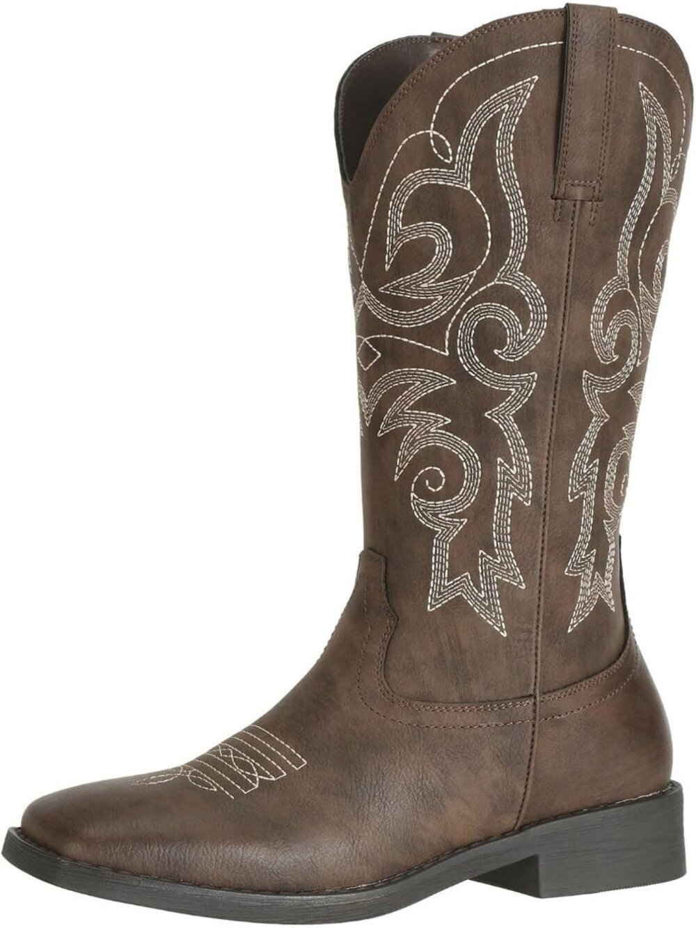 Women's Western Cowgirl Boots Square Toe Mid Calf Dark Brown Embroidered Pull On